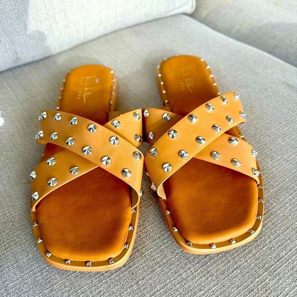 Nicole Miller NY tan, slide sandals with silver studs. - Picture 1 of 5